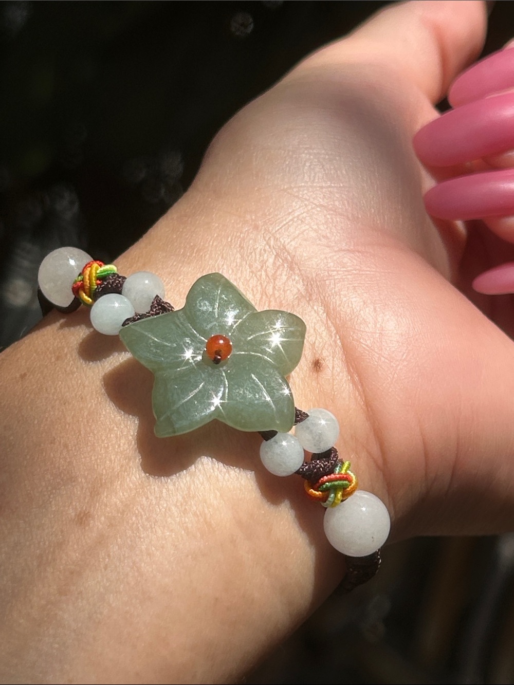 Handmade Green Jade Flower Beaded Adjustable Bracelet.